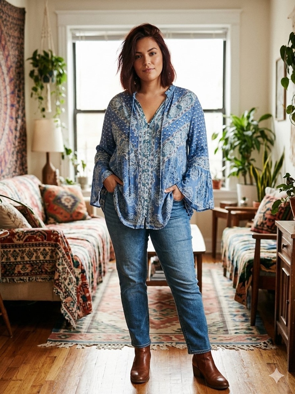 Free People Magic Mystery Tunic Blouse Blue Boho Flare Sleeve Top Size Large